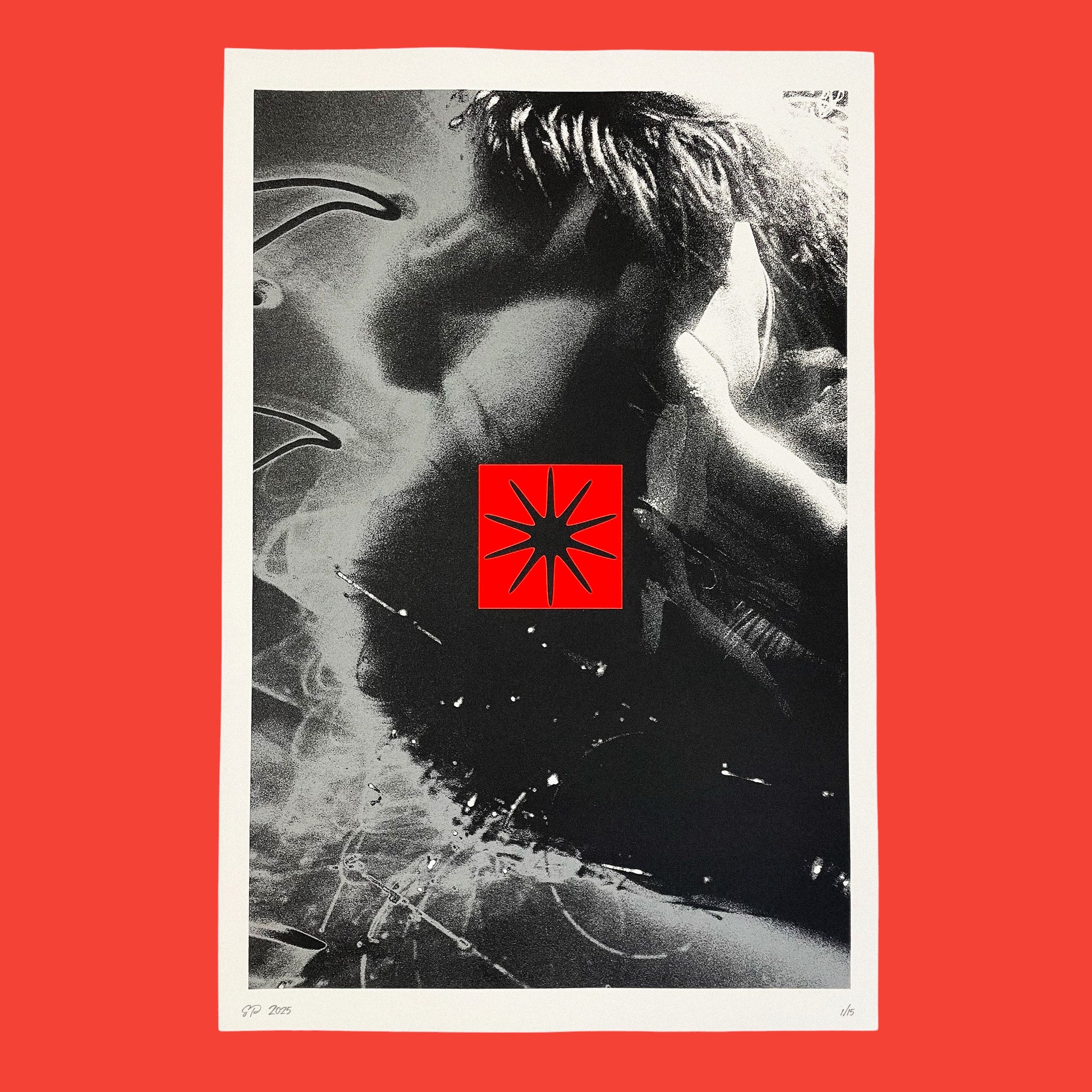 Black and white abstract design with a red square featuring a black star on a red background