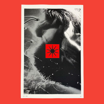 Black and white abstract design with a red square featuring a black star on a red background