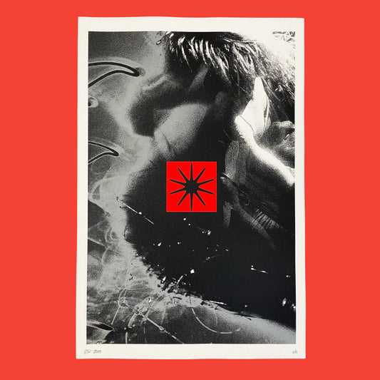 Black and white abstract design with a red square featuring a black star on a red background