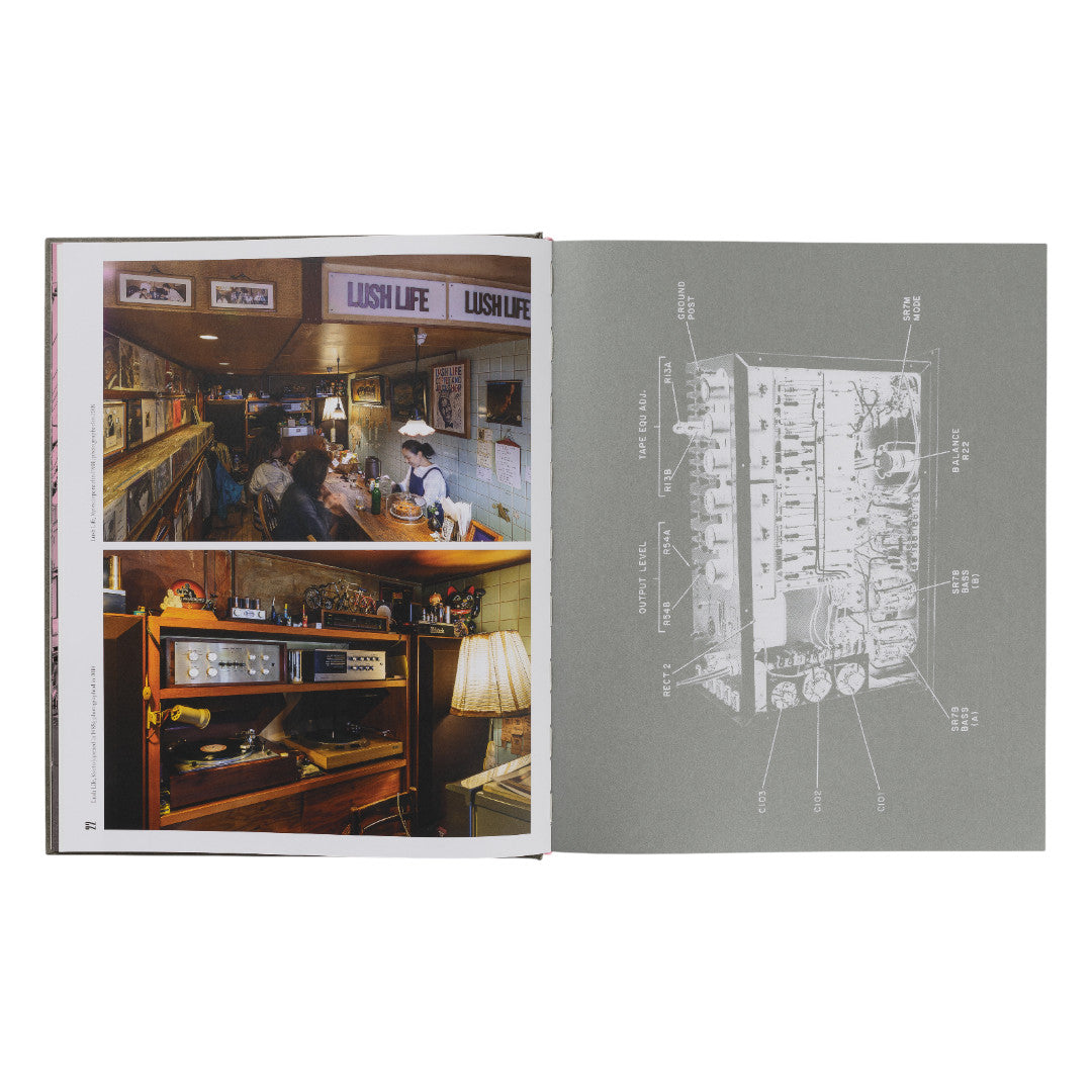 Book with interior pages showing a photo of a store interior and a technical diagram.