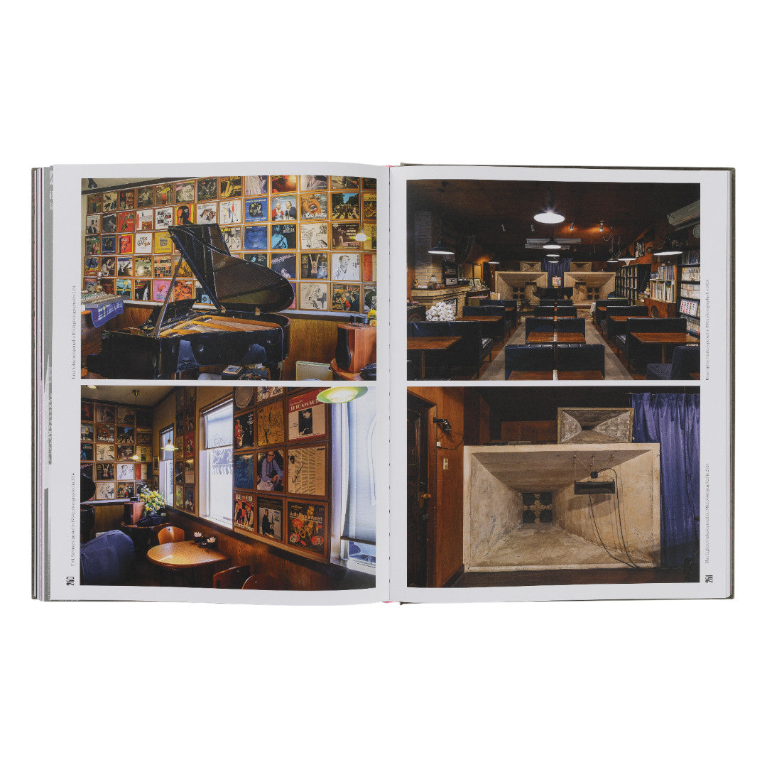 Open book showing interior photos of a room with a piano and bookshelves.