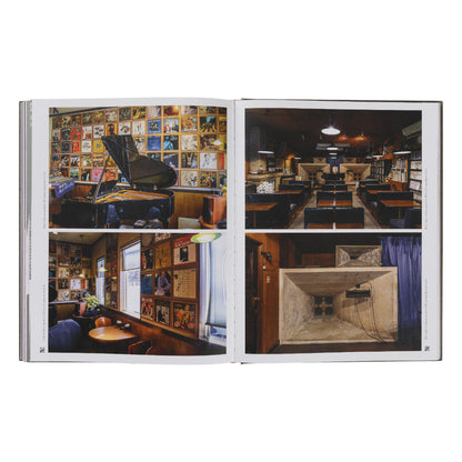Open book showing interior photos of a room with a piano and bookshelves.