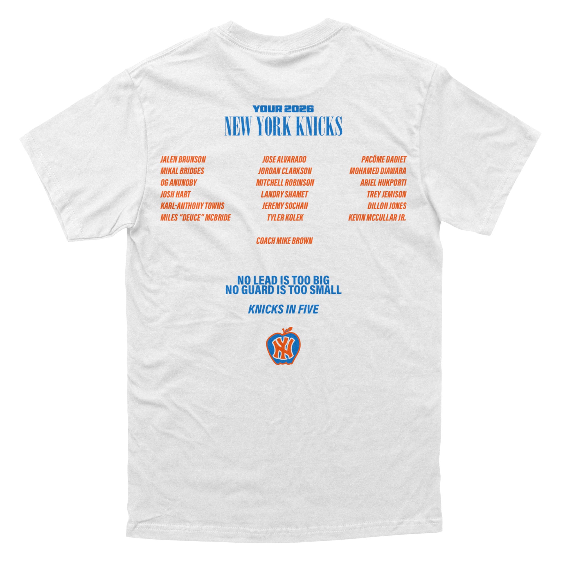 White t-shirt with New York Knicks text and logo on a white background