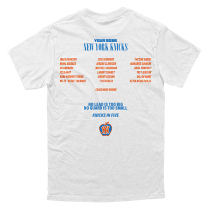 White t-shirt with New York Knicks text and logo on a white background