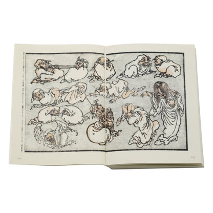 Open book with illustrations of a figure in various poses on a white background
