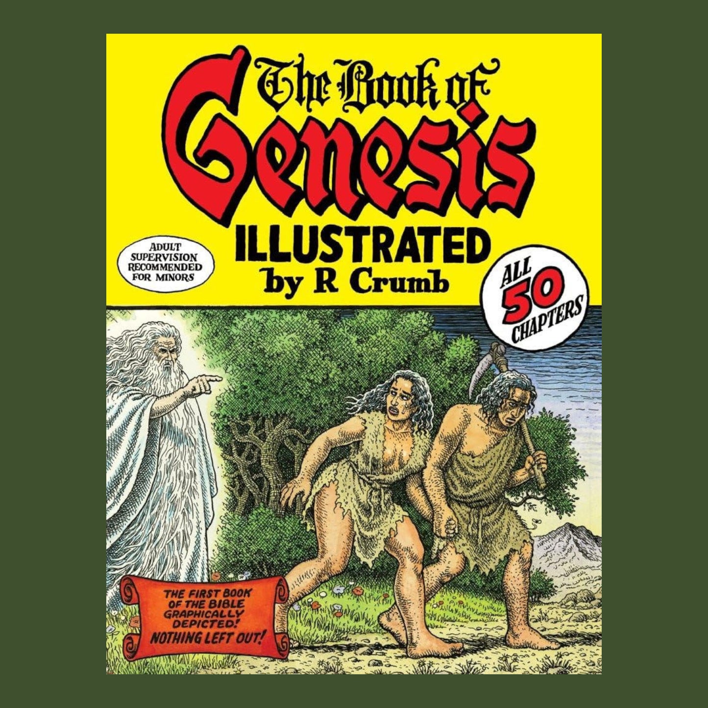 Cover of 'The Book of Genesis Illustrated' by R. Crumb with biblical characters and text.