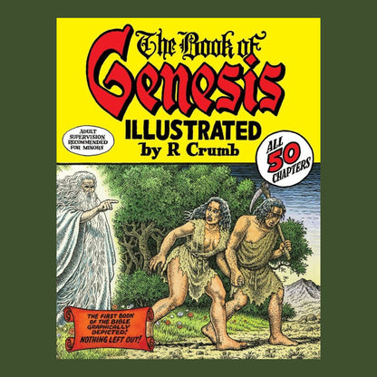 Cover of 'The Book of Genesis Illustrated' by R. Crumb with biblical characters and text.