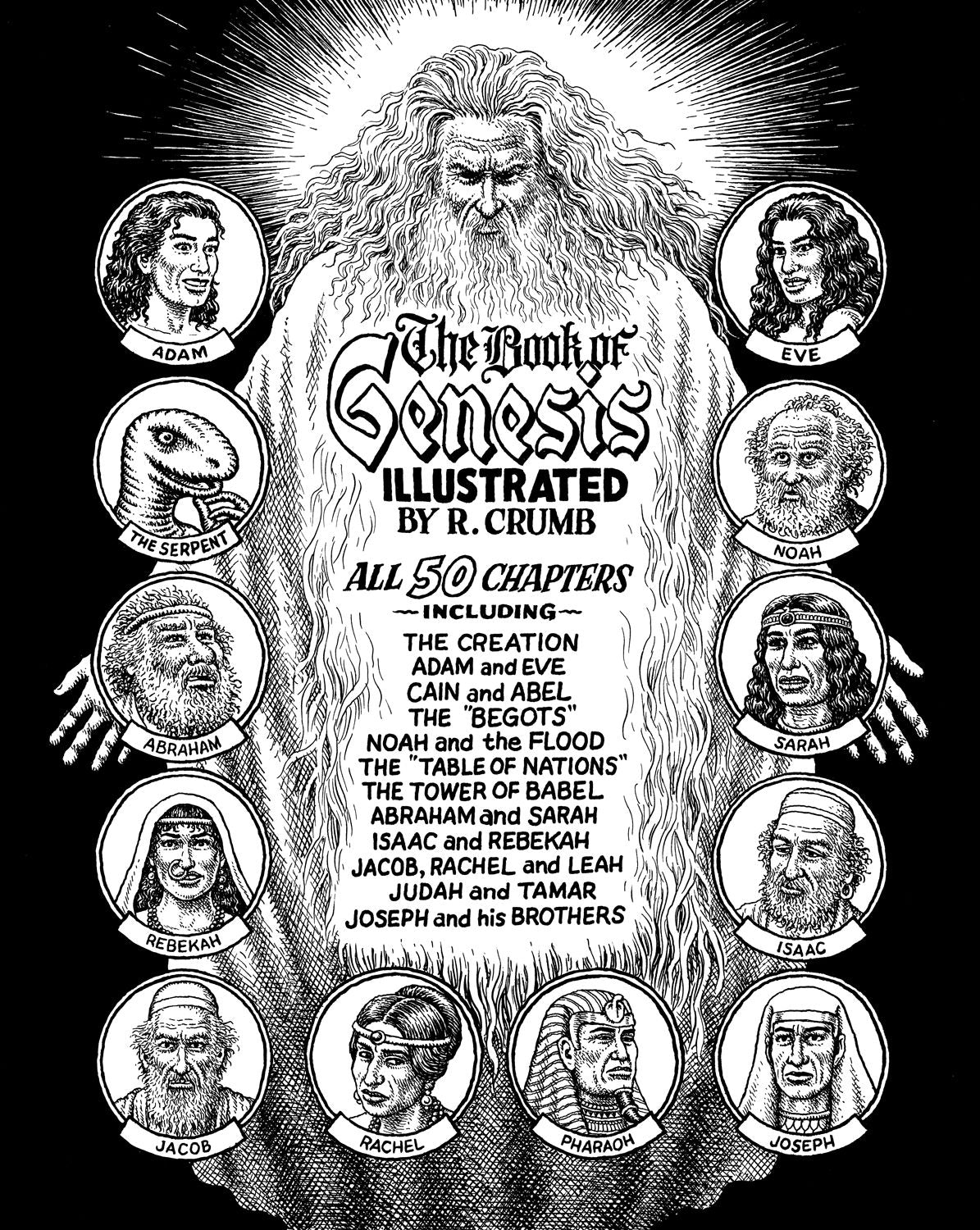 Illustrated cover of 'The Book of Genesis' by R. Crumb featuring portraits of key figures from the Bible.