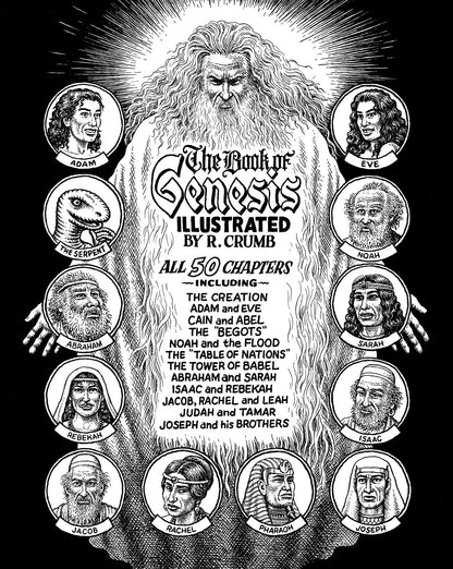 Illustrated cover of 'The Book of Genesis' by R. Crumb featuring portraits of key figures from the Bible.